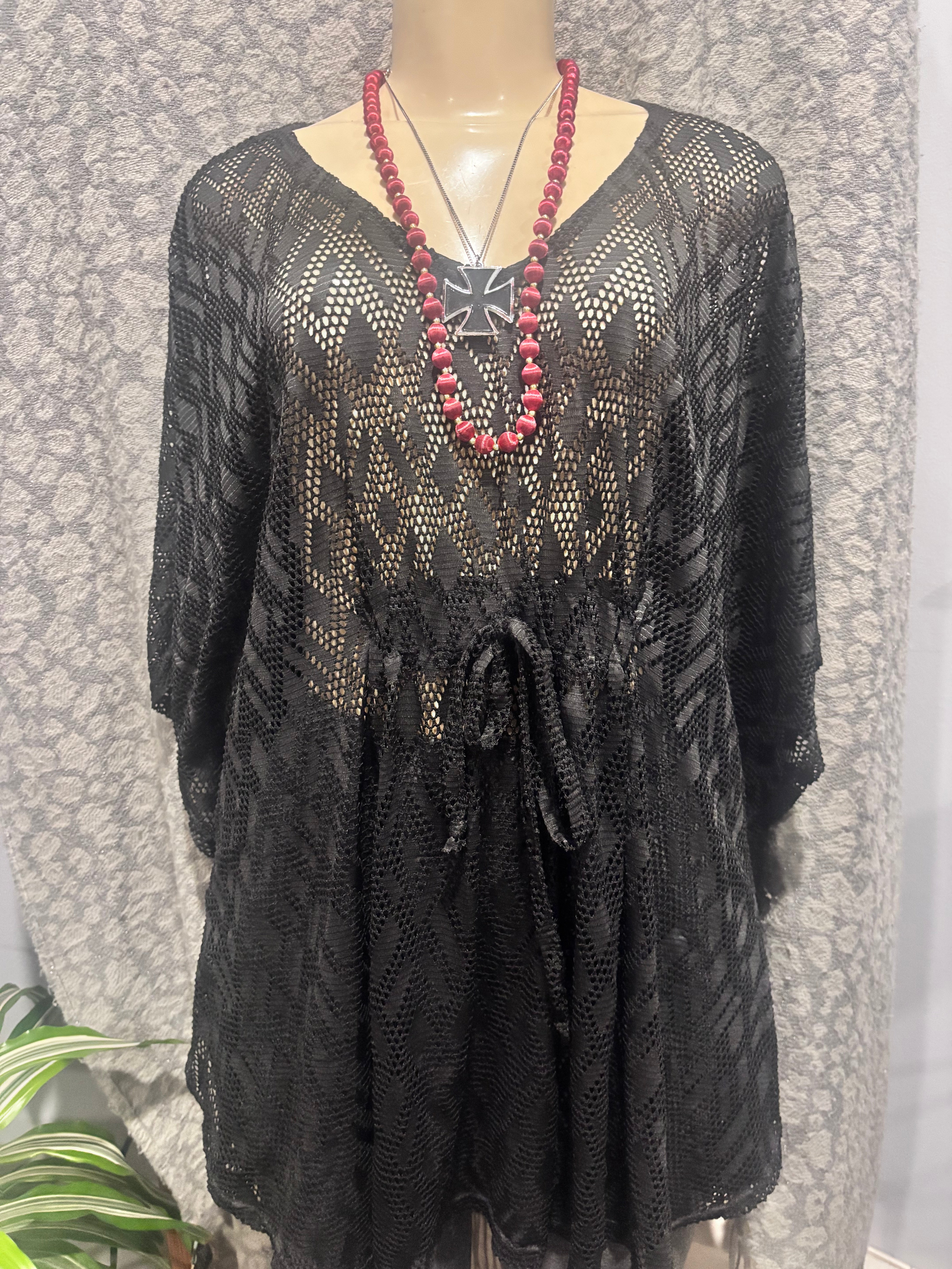 Alexa & Stella Black Mesh Crochet Tunic Cover-Up | Oversized Medium | Boho Beach Festival + FREE Necklace Choice