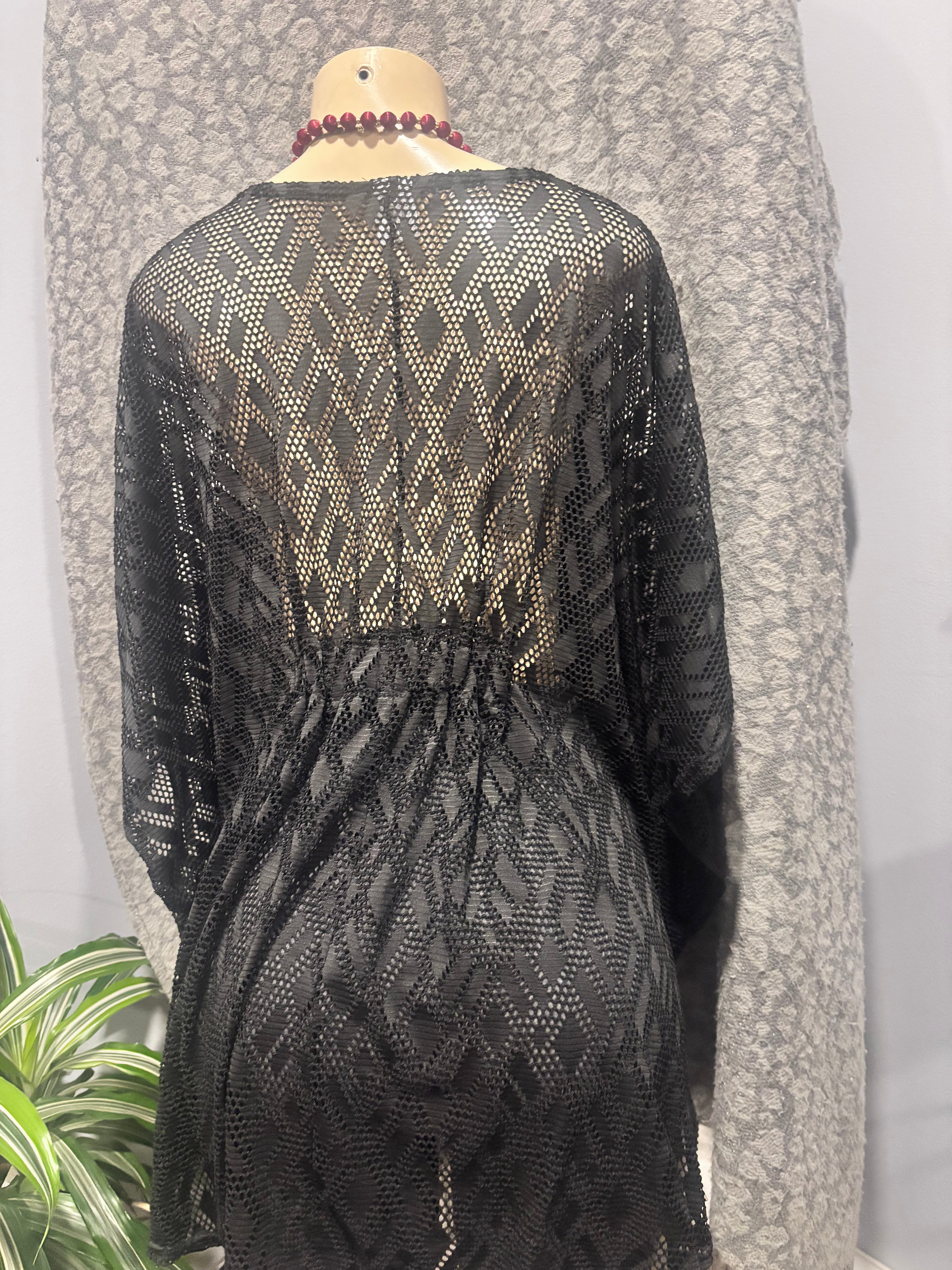 Alexa & Stella Black Mesh Crochet Tunic Cover-Up | Oversized Medium | Boho Beach Festival + FREE Necklace Choice