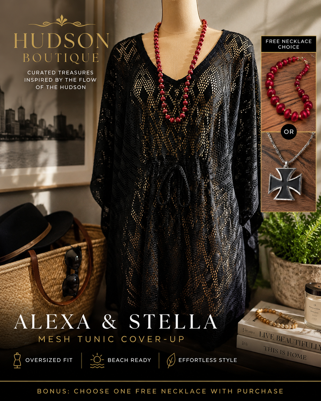 Alexa & Stella Black Mesh Crochet Tunic Cover-Up | Oversized Medium | Boho Beach Festival + FREE Necklace Choice