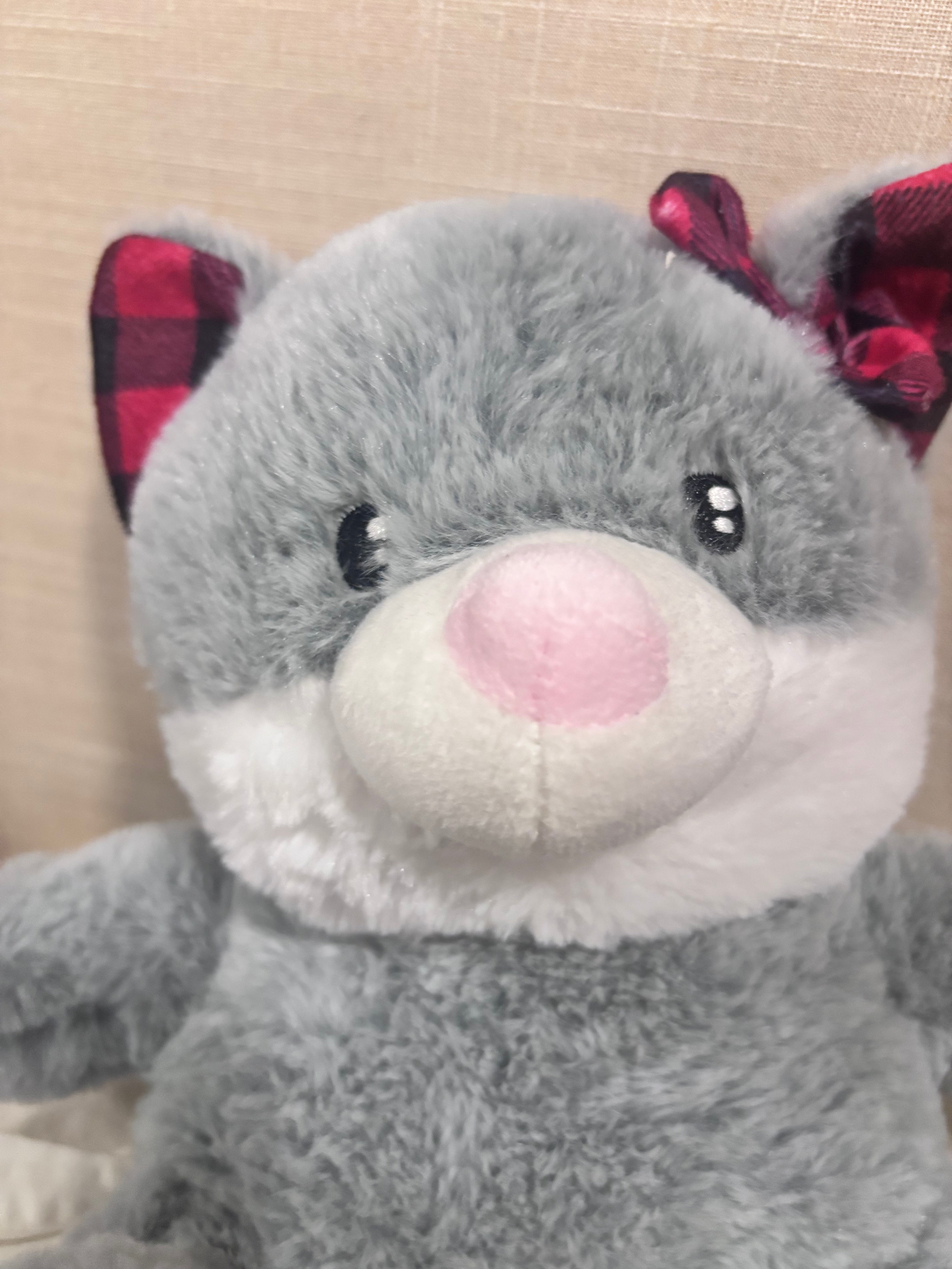 Gray Plush Cat Stuffed Animal 2023 – Red Buffalo Plaid Ears & Bow – Holiday Collection
