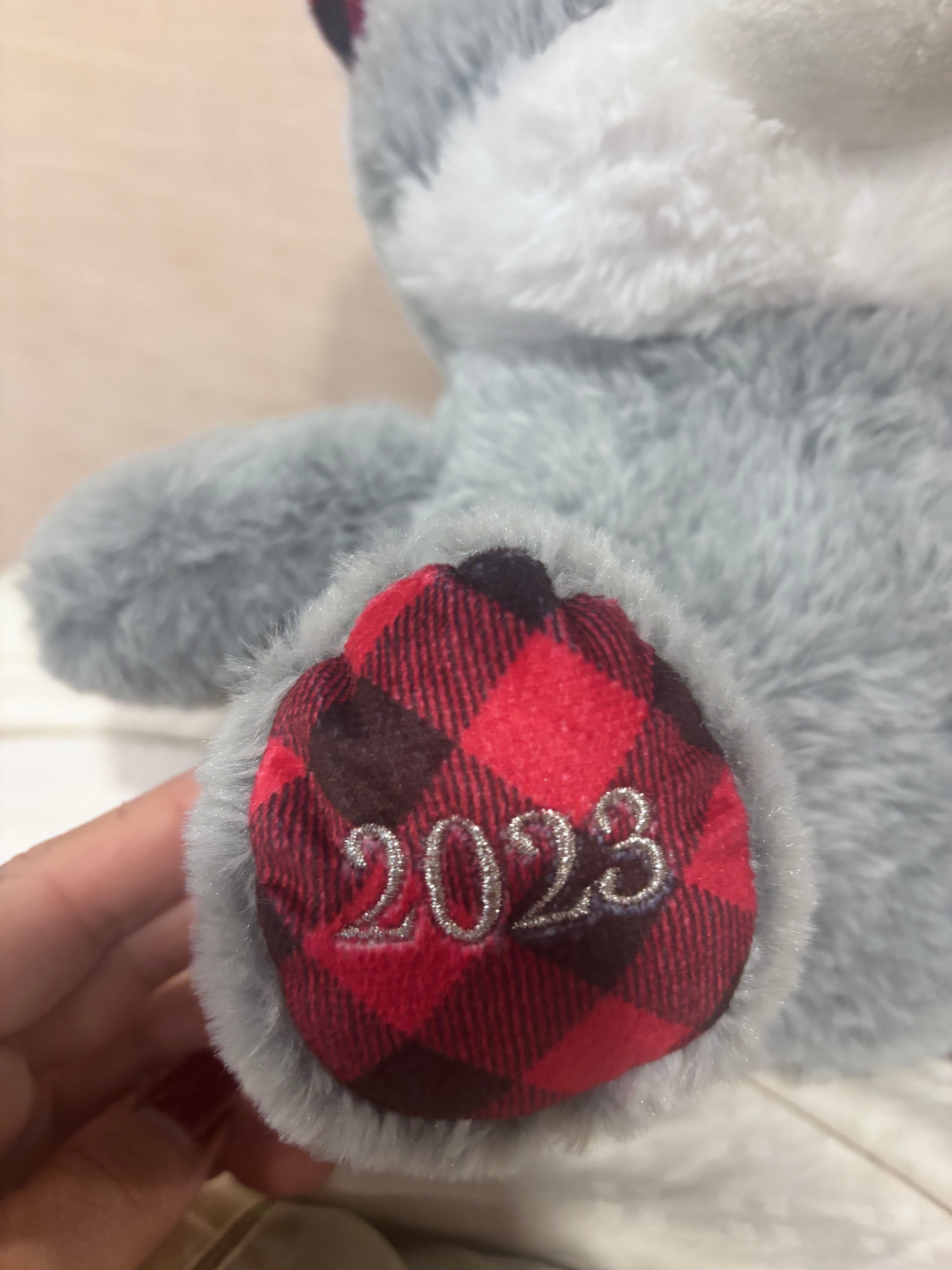 Gray Plush Cat Stuffed Animal 2023 – Red Buffalo Plaid Ears & Bow – Holiday Collection
