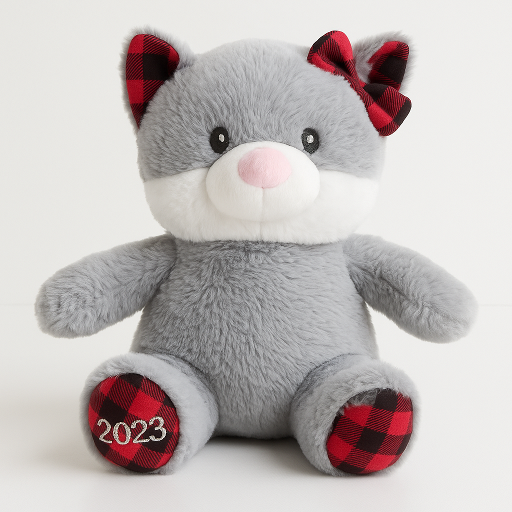 Gray Plush Cat Stuffed Animal 2023 – Red Buffalo Plaid Ears & Bow – Holiday Collection