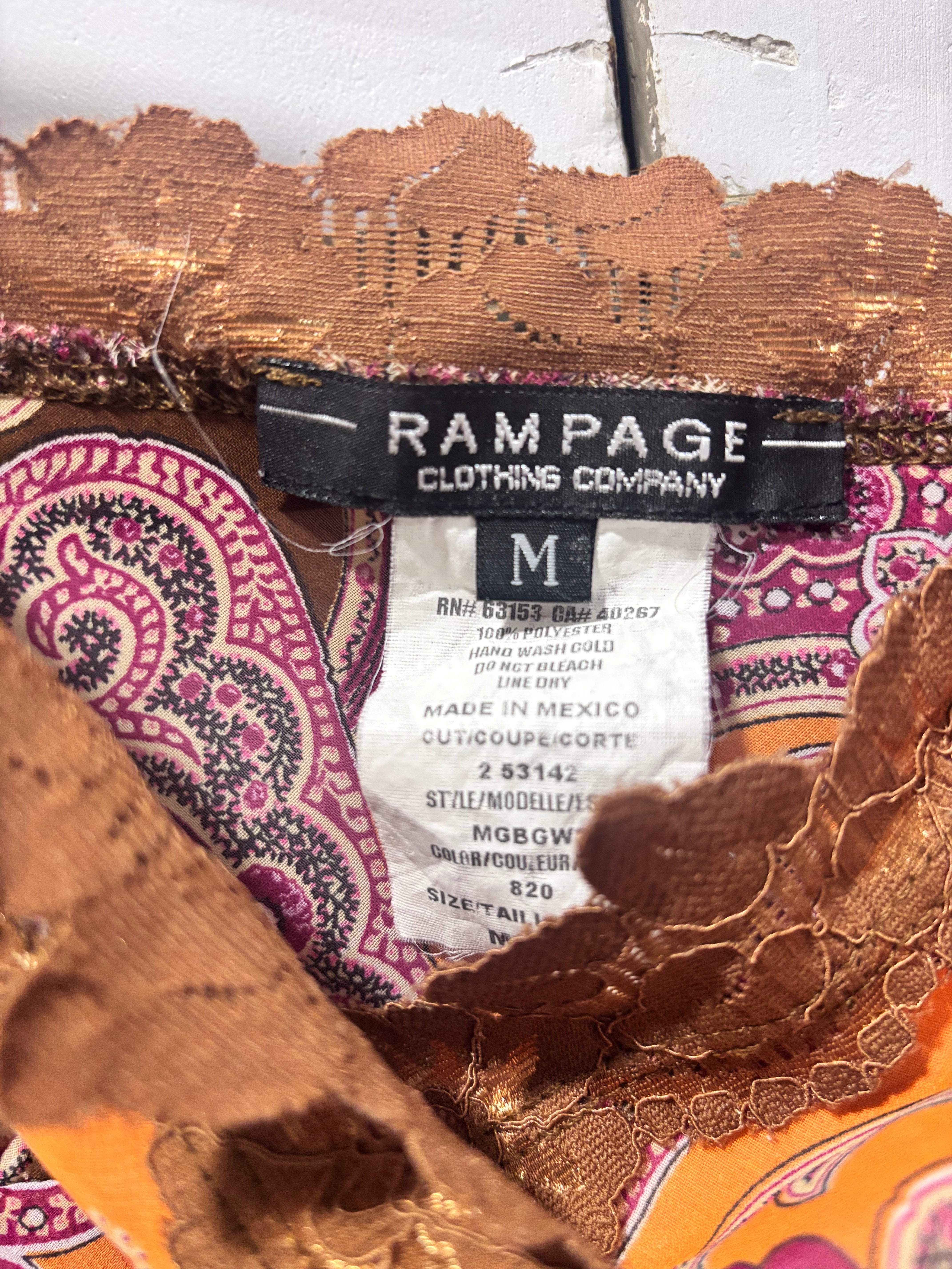 Rampage Paisley Lace-Trim Camisole – Orange / Pink / Brown – Size Medium