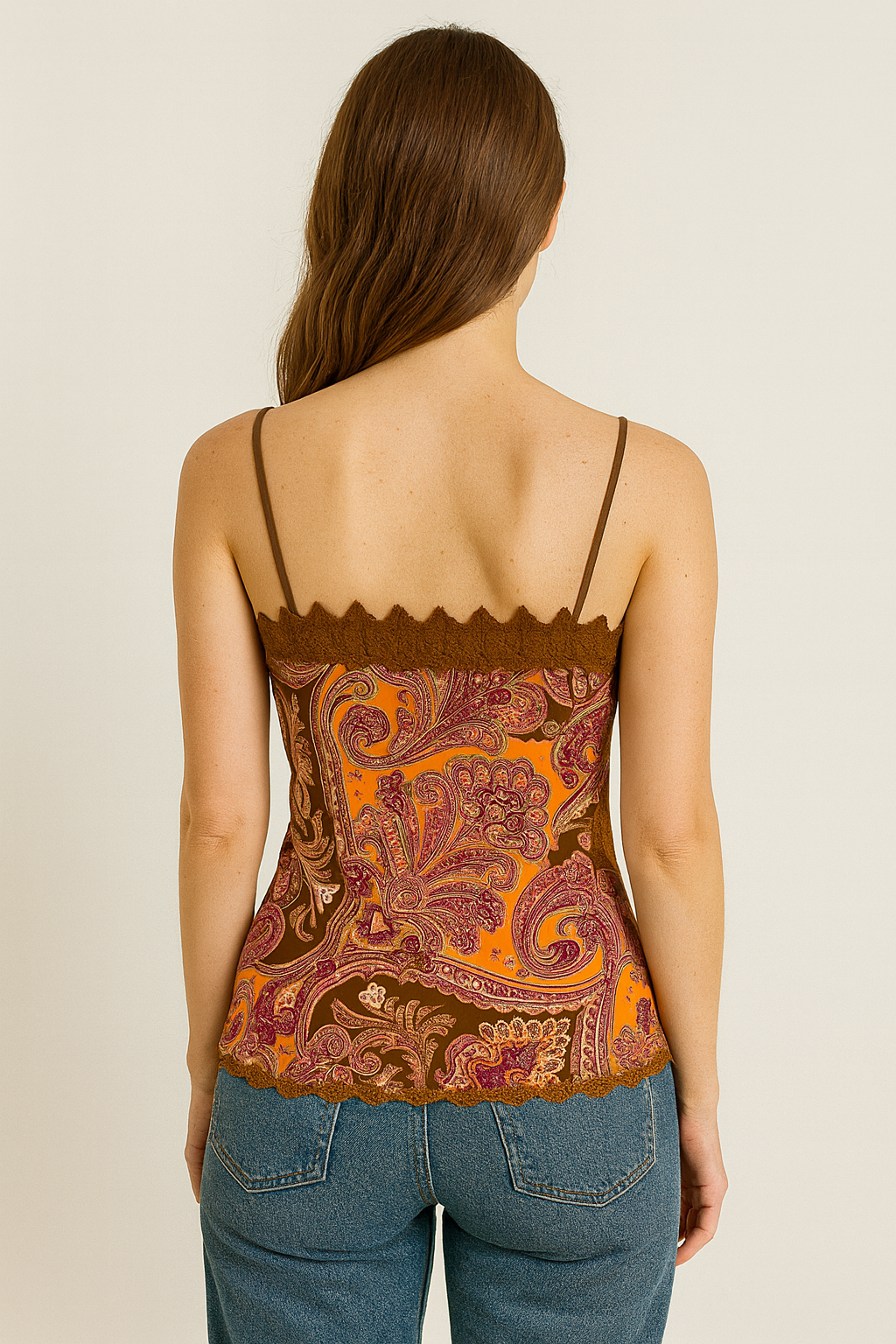 Rampage Paisley Lace-Trim Camisole – Orange / Pink / Brown – Size Medium