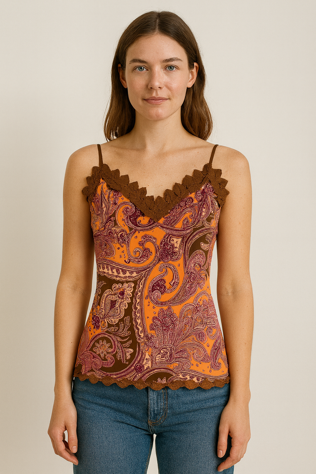 Rampage Paisley Lace-Trim Camisole – Orange / Pink / Brown – Size Medium
