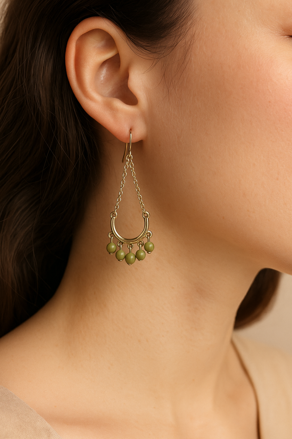 Boho gold tone Chain Earrings with Olive Bead Charms – Lightweight Drop Style