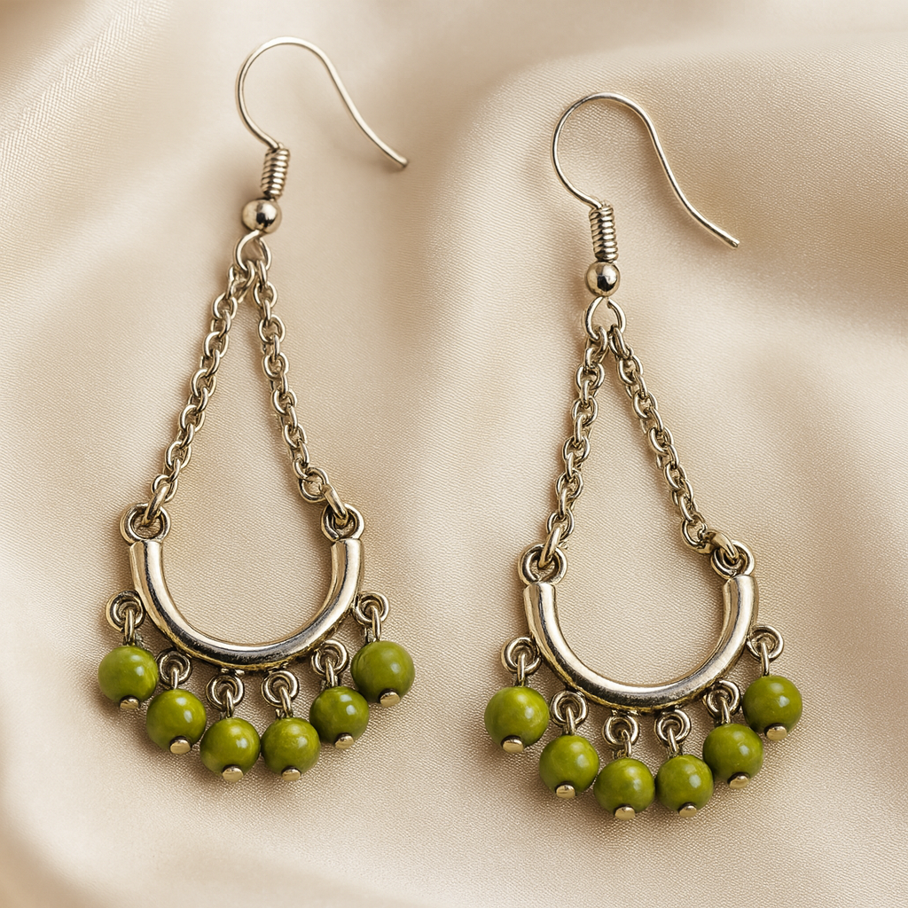 Boho gold tone Chain Earrings with Olive Bead Charms – Lightweight Drop Style