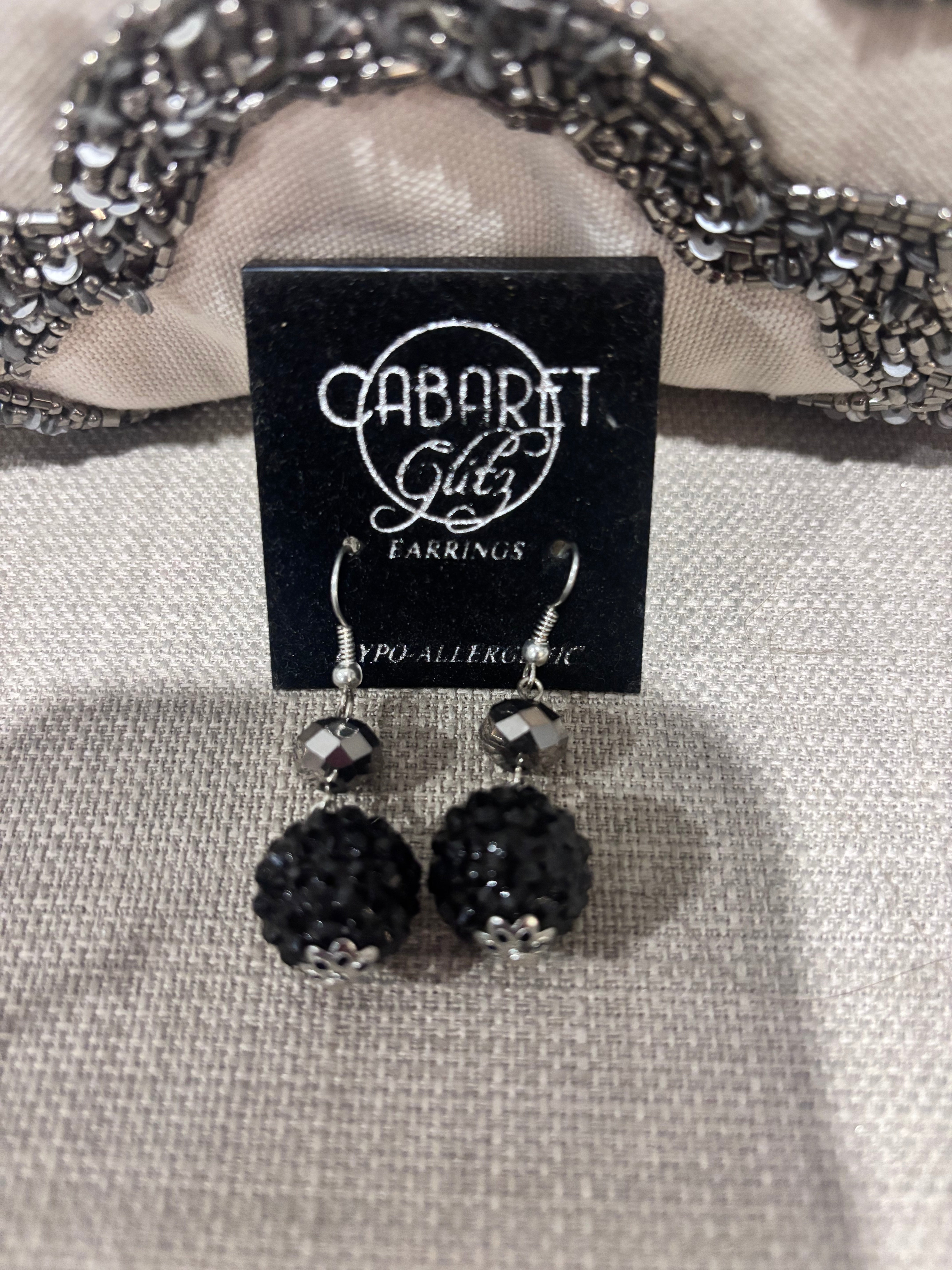 Cabaret Glitz Black Crystal Ball Earrings – Silver Faceted Bead Dangle Hypoalle