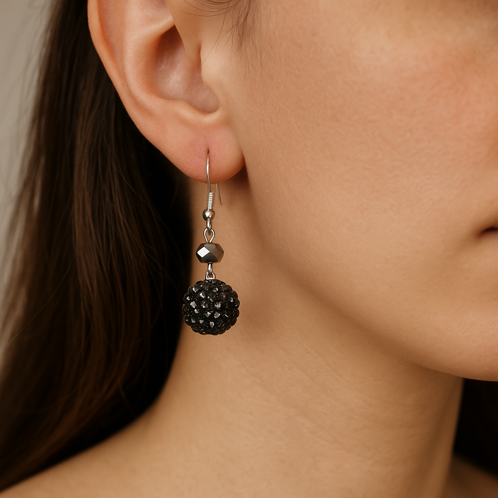 Cabaret Glitz Black Crystal Ball Earrings – Silver Faceted Bead Dangle Hypoalle