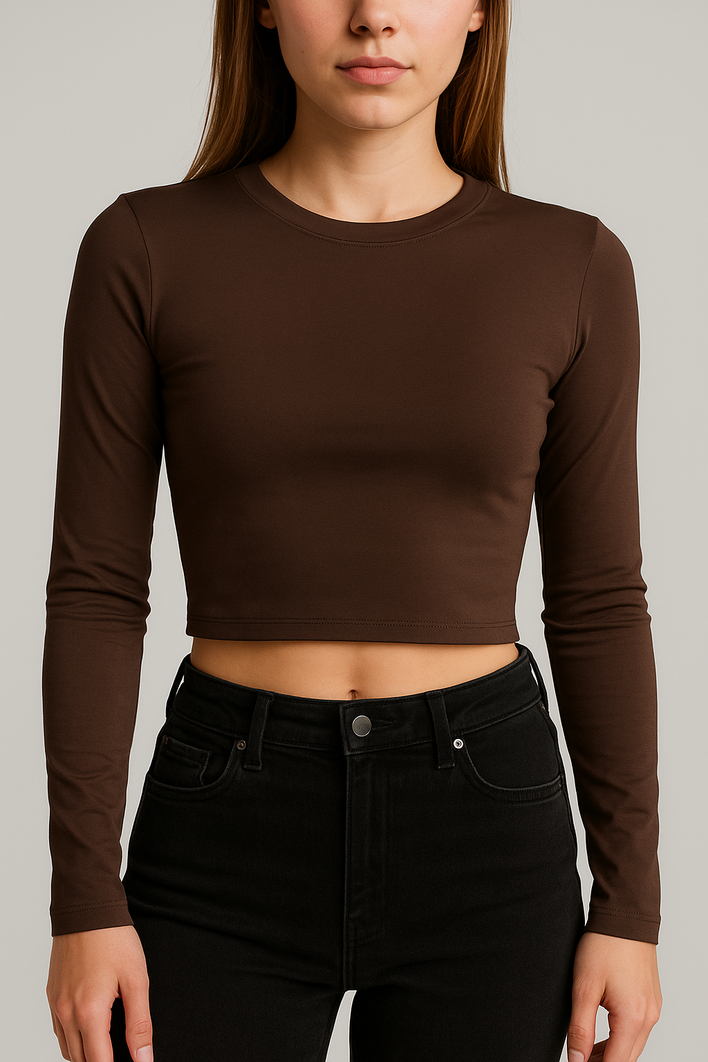 Brown Long Sleeve Fitted Crop Top – Minimalist Style – Size xtra Small