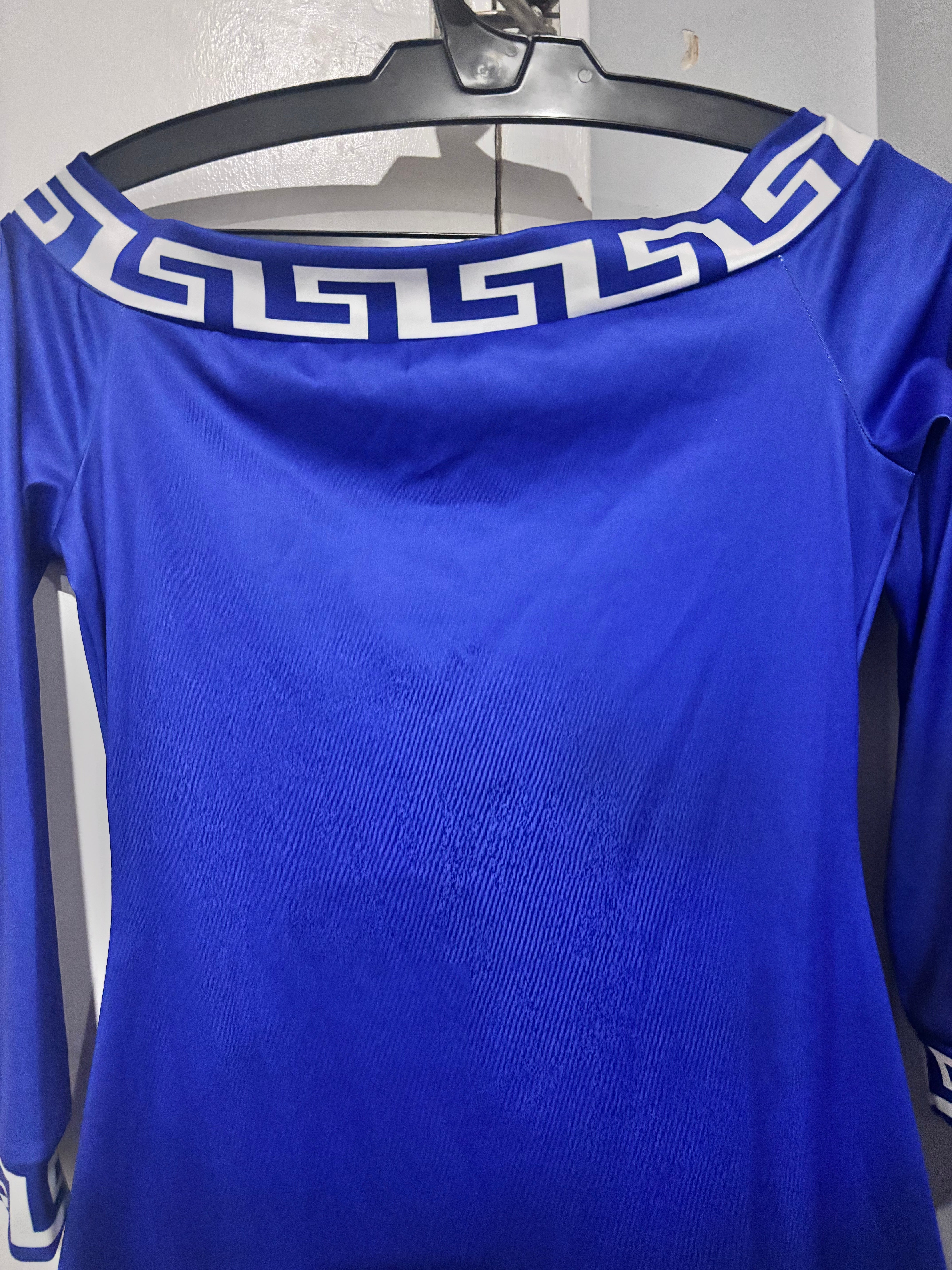 Royal Blue Greek Key Off-Shoulder Cotton-Blend Midi Dress — Size Medium