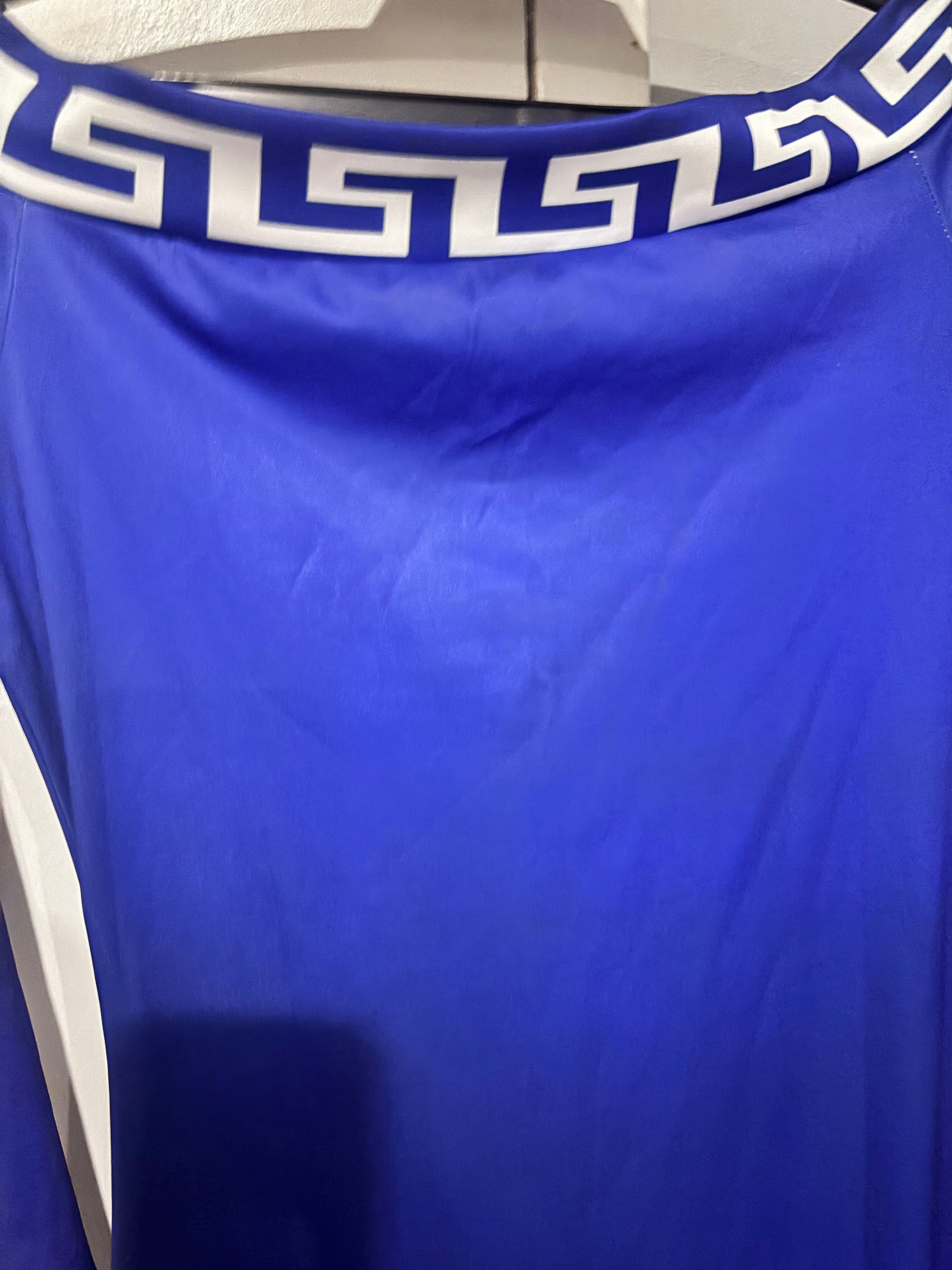 Royal Blue Greek Key Off-Shoulder Cotton-Blend Midi Dress — Size Medium