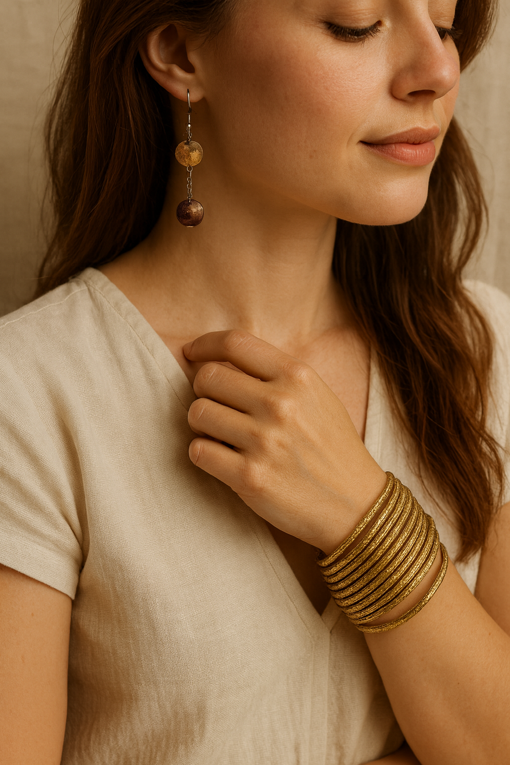 Boho Gold Bangle Stack & Earth-Tone Dangle Earrings Set