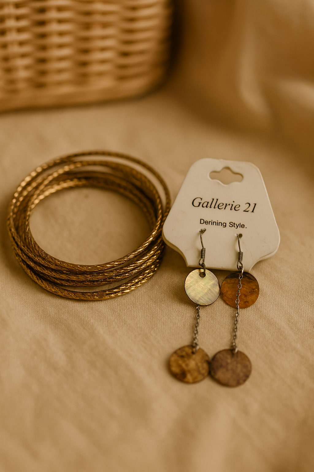 Boho Gold Bangle Stack & Earth-Tone Dangle Earrings Set
