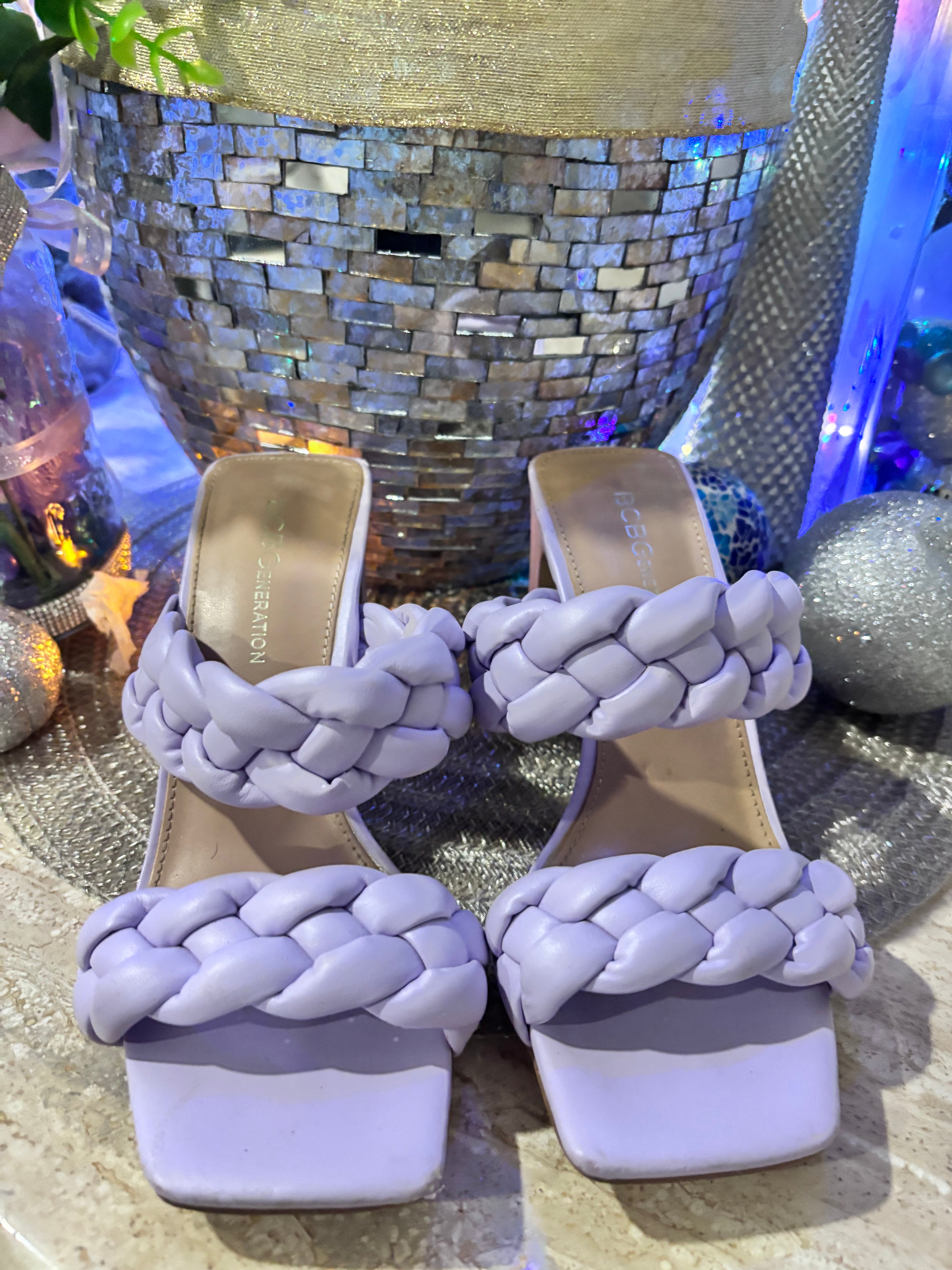 BCBGeneration Braided Heeled Sandals – Size 5.5 – Lilac – 3.5” Block Heel